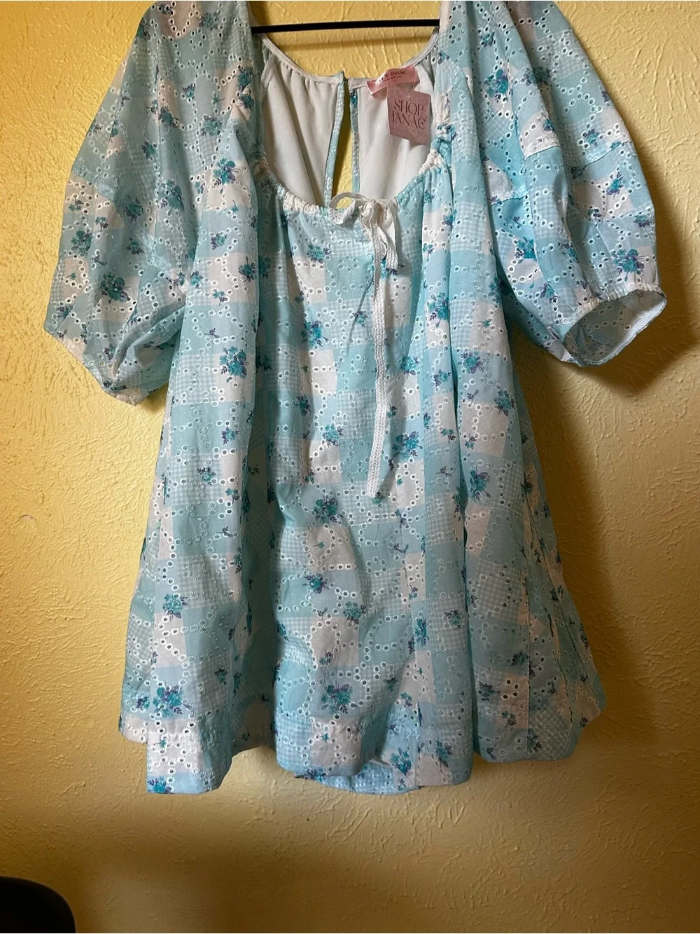 Cottagecore Blue Floral Eyelet Short Romper Oversized Babydoll Whimsy Girlcore
